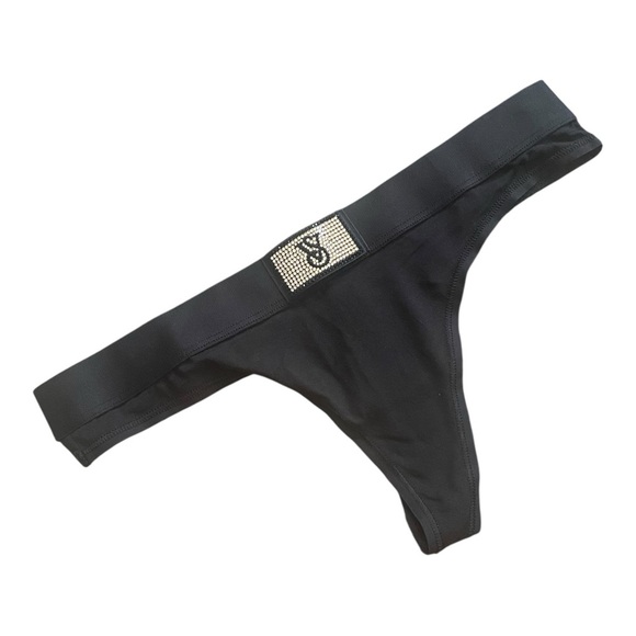Victoria’s Secret Black Logo Shine Rhinestone Cotton Thong Panty NEW Size Small - Picture 1 of 9